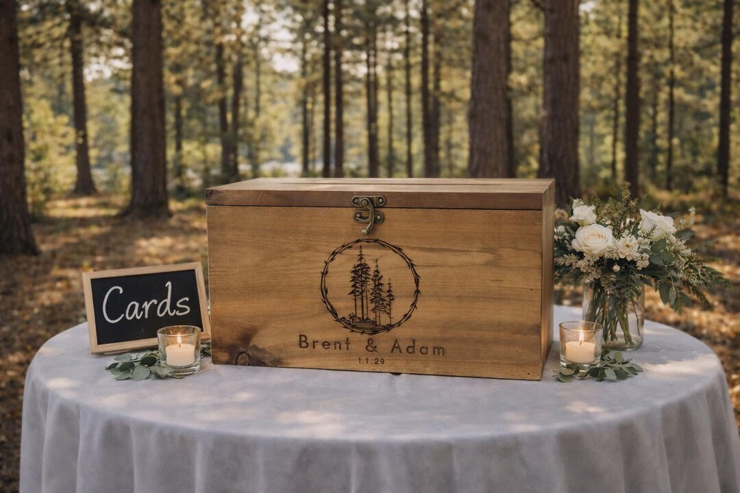Rustic Wedding Card Box Engraved Barnwood Card Holder, Personalized ...