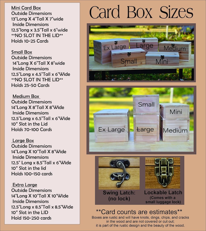 The image is a detailed guide to various card box sizes, including the exterior dimensions, the medium box, and the extra large box. It also provides information about the card box sizes and their corresponding slots. The image is a collage of different card box images, and it is not a single image but a collection of images that collectively provide information about the card box sizes.