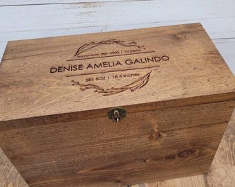 Personalized Baby Keepsake Box  Rustic Wooden Memory Chest with Engrved Name, birth stats, Newborn Gift  Baby Shower Keepsake