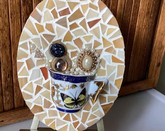 Mosaic Art Cup With Vintage Jewelry Added