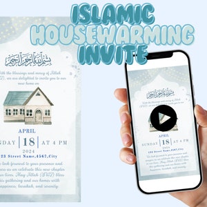 May include: A blue and white Islamic housewarming invitation with a cartoon house illustration and the text "With the blessings and mercy of Allah (SWT), we are delighted to invite you to our new home on" and "SUNDAY | 18 | AT 4 PM".
