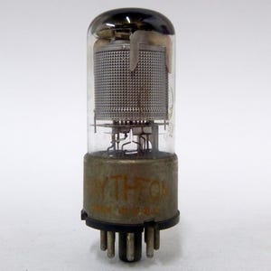 Raytheon 12SJ7GT vacuum tube - perforated plate - glass 12SJ7 - orange branding - mesh plate - metal base
