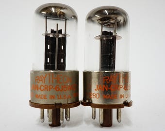 pair: Raytheon JAN 6J5WGT vacuum tubes - new old stock - original boxes - black plates - matching date codes - glass 6J5 - pkd November 1959