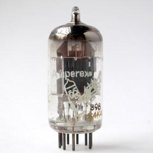 May include: A clear glass vacuum tube with a silver top and a black label that reads "Amperex 398 4K2".