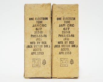 mp: RCA JAN 6J7 vacuum tubes - new old stock - original boxes - packed April 1953 - silver branding - matched pair - 73 years old