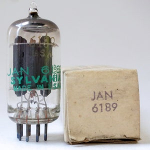 Sylvania JAN 6189 vacuum tube - ruggedized 12AU7 - new old stock - original box - military 9 pin miniature dual triode - Joint Army Navy