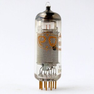 May include: A clear glass vacuum tube with a metal grid and a gold label that reads "6BQ5A" and "Amplifier Triode". The tube has nine pins at the bottom.