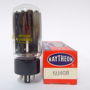 May include: A vintage Raytheon vacuum tube with a clear glass bulb and black base, next to its original red and white box. The tube has the text "RAYTHEON UNILINE FIRST IN QUALITY" printed on it. The box reads "RAYTHEON" and "5U4GB".