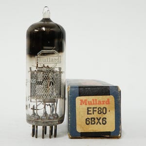 May include: A vintage Mullard EF80 6BX6 vacuum tube with a glass enclosure and metal components. The tube is next to its original box, which has the Mullard logo and the tube's model number printed on it.