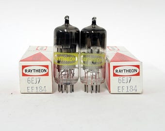 pair: Raytheon 6EJ7 vacuum tubes - new old stock - original boxes - mesh plates - matching date codes - MINT condition - EF184 - Futterman
