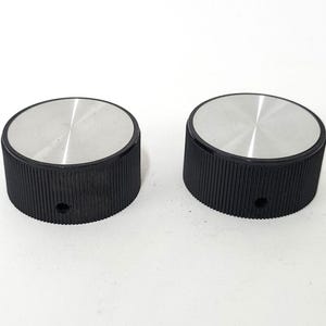 pair: Rogan 1.75&quot; radio knob with brushed aluminum inserts - grooved grip - for 1/4&quot; shafts - please read description - two (2) knobs