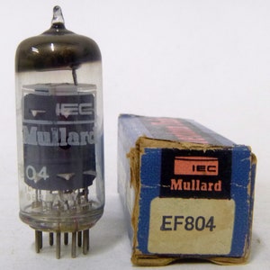 May include: A vintage Mullard EF804 vacuum tube in its original box. The tube is clear glass with a black base and the box is blue with white text.