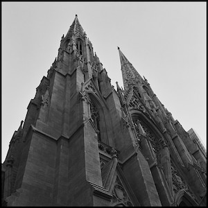 New York City Photo - brooding neo-gothic cathedral at dusk - black and white film photograph of NYC - architecture - landmark - building