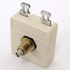 May include: A white ceramic potentiometer with a brass shaft and two metal terminals. The potentiometer is labeled "ELECTROMOTIVE MADE IN USA".