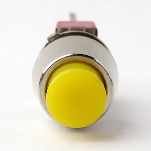 May include: A round, yellow button with a silver metal casing. The button is mounted on a small, red plastic base.