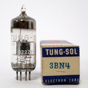 May include: A vintage Tung-Sol 3BN4 electron tube in its original box. The tube is clear glass with a black top and the box is white with blue and red accents.
