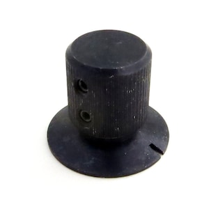 Black metal top hat radio knob -  notched skirt - FOUR set screws - made of anodized aluminum - very rugged