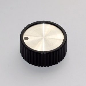 Vintage NRCI radio knob - low profile - spun aluminum insert - for 3/16&quot; shafts - new old stock - perfect condition - black & silver
