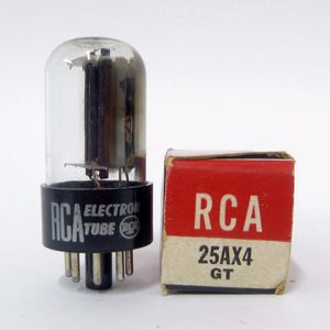 RCA 25AX4GT vacuum tube- new old stock - original box - short bottle - silver silk screening - short envelope - 25AX4