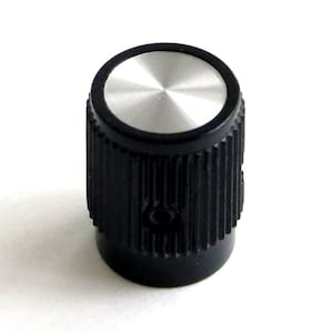 vintage aluminum control knob with spun aluminum top 1970&#39;s new old stock - all metal black and silver radio knob - for 1/8&quot; shafts