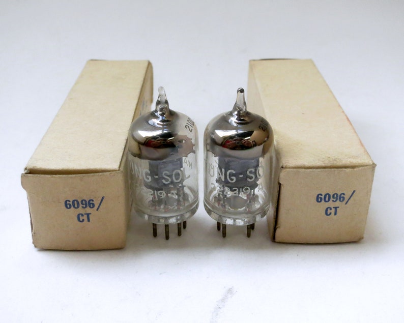 pair Tung Sol 6096/CT vacuum tubes black plates square getter rings matching date codes