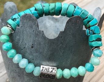 Funky Bracelet Natural Turquoise Stretch Bracelet. Beautiful Peruvian Amazonite the Color of Sea Foam, Sterling Silver Oxidized Silver Beach