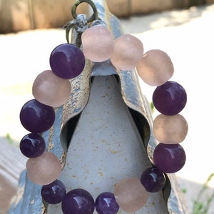 African Trade Bead Bracelet Recycled Pink Sea Glass, African Ghana Pressed Glass Donut Beads. Handmade Silver Beads. Gemstone Beads Bracelet