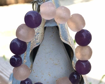 African Trade Bead Bracelet Recycled Pink Sea Glass, African Ghana Pressed Glass Donut Beads. Handmade Silver Beads. Gemstone Beads Bracelet