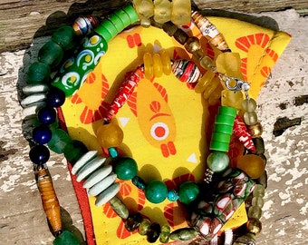 Trade Bead Funky Necklace African Tribal Trade Bead Necklace Funky Bead Pressed Glass Disk Recycled Mix Sea Glass Venetian Millefiori Bead