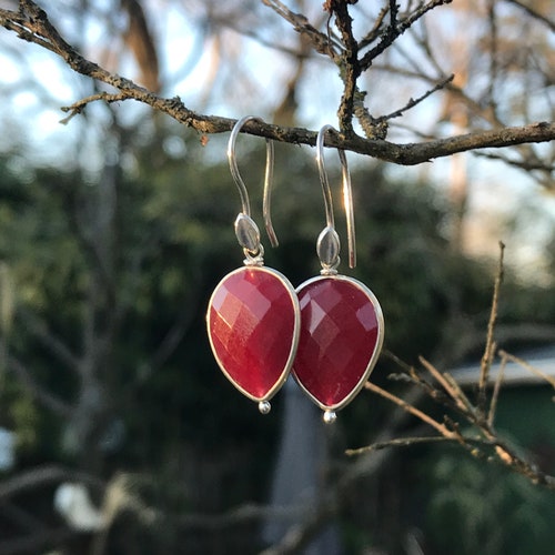 Ruby Ruby Won't You Be Mine! Sterling SIlver Faceted Ruby Teardrop Earrings. Ruby shops Corundum Beads.