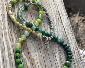 Spring Green Gemstone Necklace. Green Batik Mask and Mask Necklace Mask Saver. Green Glass Beads together with Green Spring Gemstone Beads