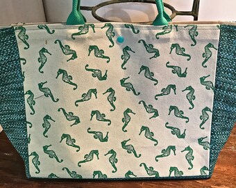 Tote Beach Tote Aqua Blue Beach Bag Sea Horse Beach Tote Family Canvas Sea Horse Tote Turquoise Tote Beach Tote Sea Horse Beach Tote Tote