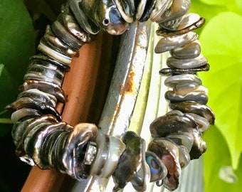 Funky Bracelet Tahitian Black Oyster Heishi Shell, Abalone Shell, Keishi Cornflake Black Pearl Stretch Bracelet.