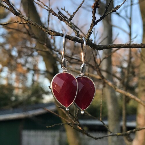 Ruby Ruby Won't You Be Mine! Sterling SIlver Faceted Ruby Teardrop Earrings. Ruby shops Corundum Beads.
