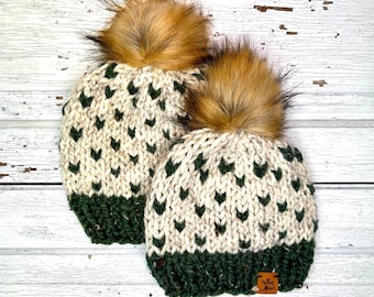 Solid Brim Fair Isle/Mini-Heart Beanies (Mommy & Me)