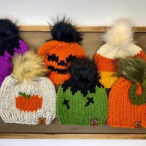 Hand-Knit Halloween Beanie: Faux Fur Pom Pom, Candy Corn, Pumpkin
