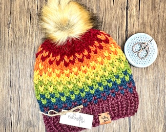 Rainbow Fair Isle beanie, PRIDE beanie, bulky womens handknit hat