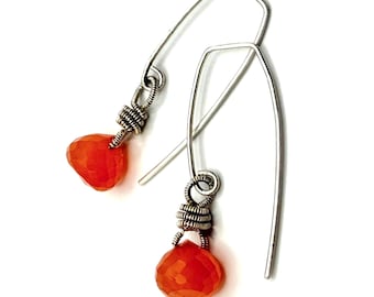 Carnelian and sterling silver wire crafted drop earrings
