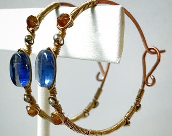 Kyanite Hoop Earrings - with hessionite garnet, copper, 14k gold fill, and sterling silver accent beads