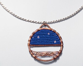 Heaven and Earth Landscape Woven Metal and Seed Bead Pendant Necklace, Wearable Art, Mixed Media Pendant Necklace