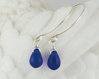 Sea GlassTear Drop Earrings - with handmade sterling silver ear wires, simple and elegant earrings, sea glass earrings