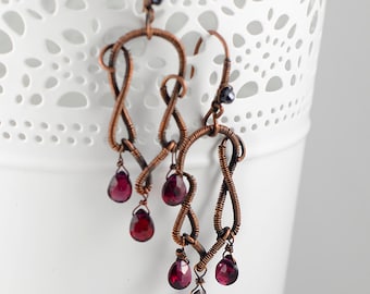 Handmade Garnet Gemstone Earrings, Red Gemstones, Surrealist Jewelry, Floral Earrings, Tulip Earrings, Wirewrapped Jewelry, Copper Earrings