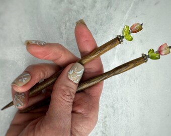 Set of 2 “Spring Tulips” Glass Beads Wood Hair Sticks & Hand Painted Velvet Carrying Case with Pearl and Peridot Beads. Free Shipping.