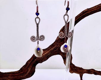 Calla Lillies, Sterling Silver Wirewrapped Earrings with Floral Abalone Shell Beads and Blue Glass