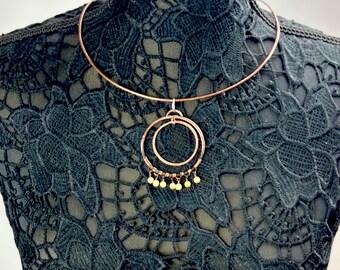 Hand-Forged Copper Pendant Necklace with Beaded Fringe of Bone