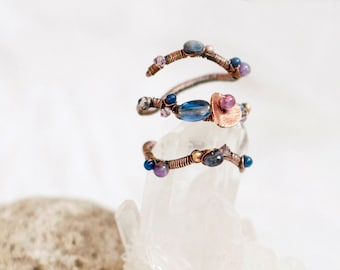 Kundalini Wrap Around Ring, Artisan Jewelry, Copper, Red Gemstones,  Wirewrapped, Gemstones in All Colors, Handmade Ring
