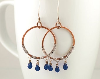 Sea Glass Fringe Hoop Chandelier Earrings, Copper and Sterling Silver, Mixed Metals, Cobalt Blue Glass Beads, Original Design