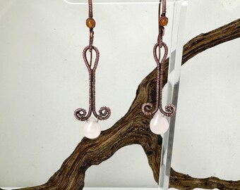 Rose Quarz Earrings - handmade, copper, floral