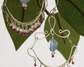 Gemstone Wirewrapped Sterling Silver Chandelier Earrings with Blue Quartz, Crystal Quartz, Magenta Crystals