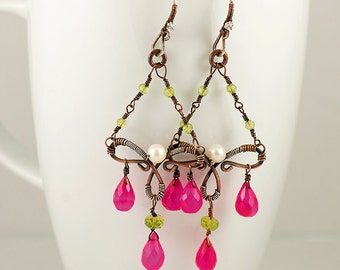Hot Pink Chalcedony Chandelier Earrings with Peridot and Pearl Gemstones, Copper. Victorian Style Earrings, Original Design, Pink and Green